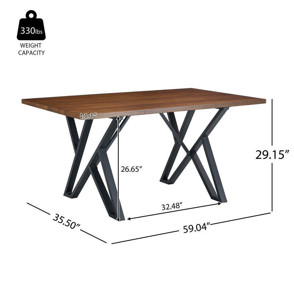 Dining Table, 59 Inch Rectangular Wood Top, Black Metal Trestle Base - BM349833