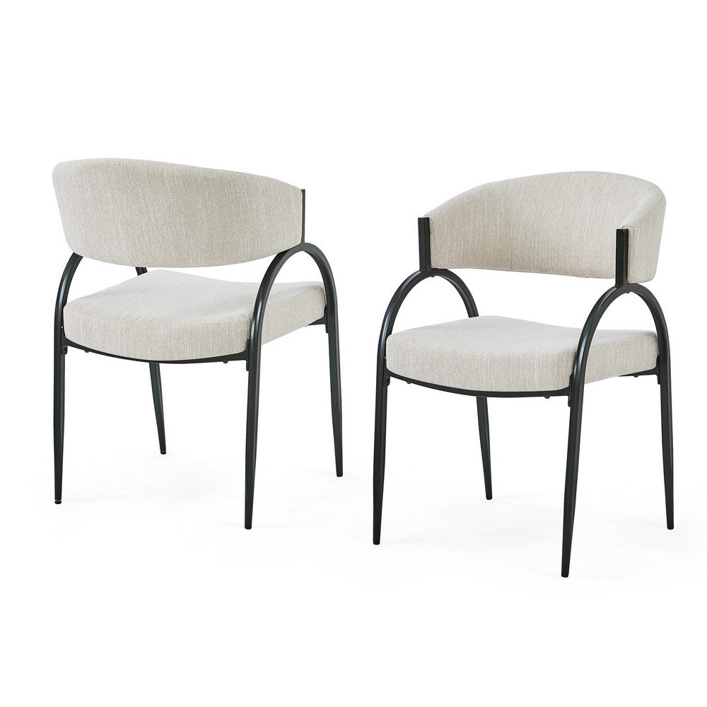 Dining Chair Set of 2, Beige Fabric Cushions, Arched Black Metal Legs - BM349834