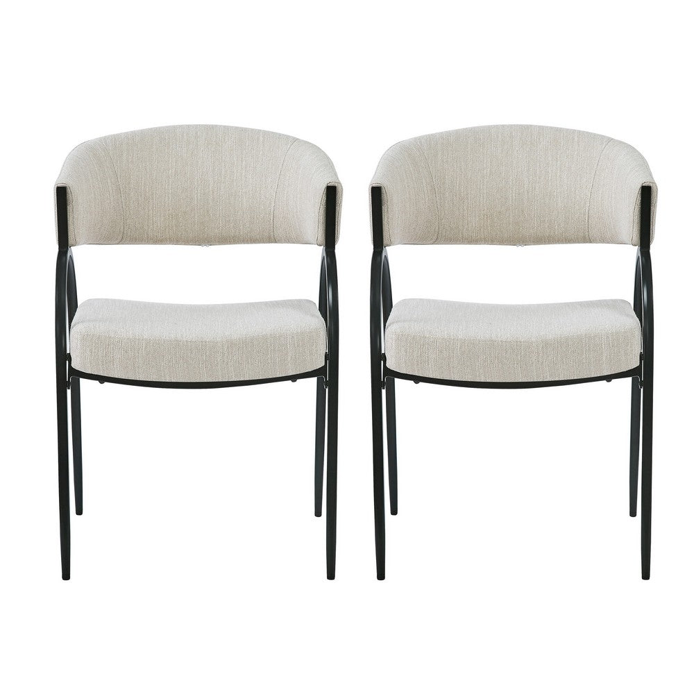 Dining Chair Set of 2, Beige Fabric Cushions, Arched Black Metal Legs - BM349834