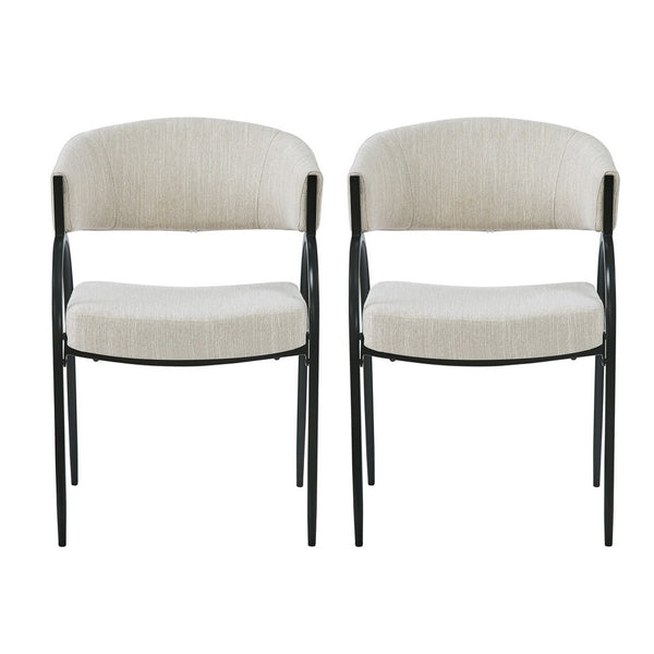 Dining Chair Set of 2, Beige Fabric Cushions, Arched Black Metal Legs - BM349834