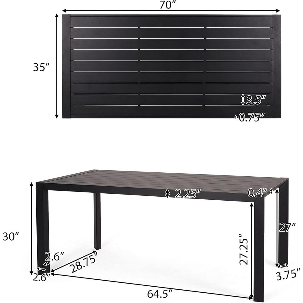 Outdoor Dining Table, Slatted Rectangular Top, Black Aluminum 70 Inch - BM349835
