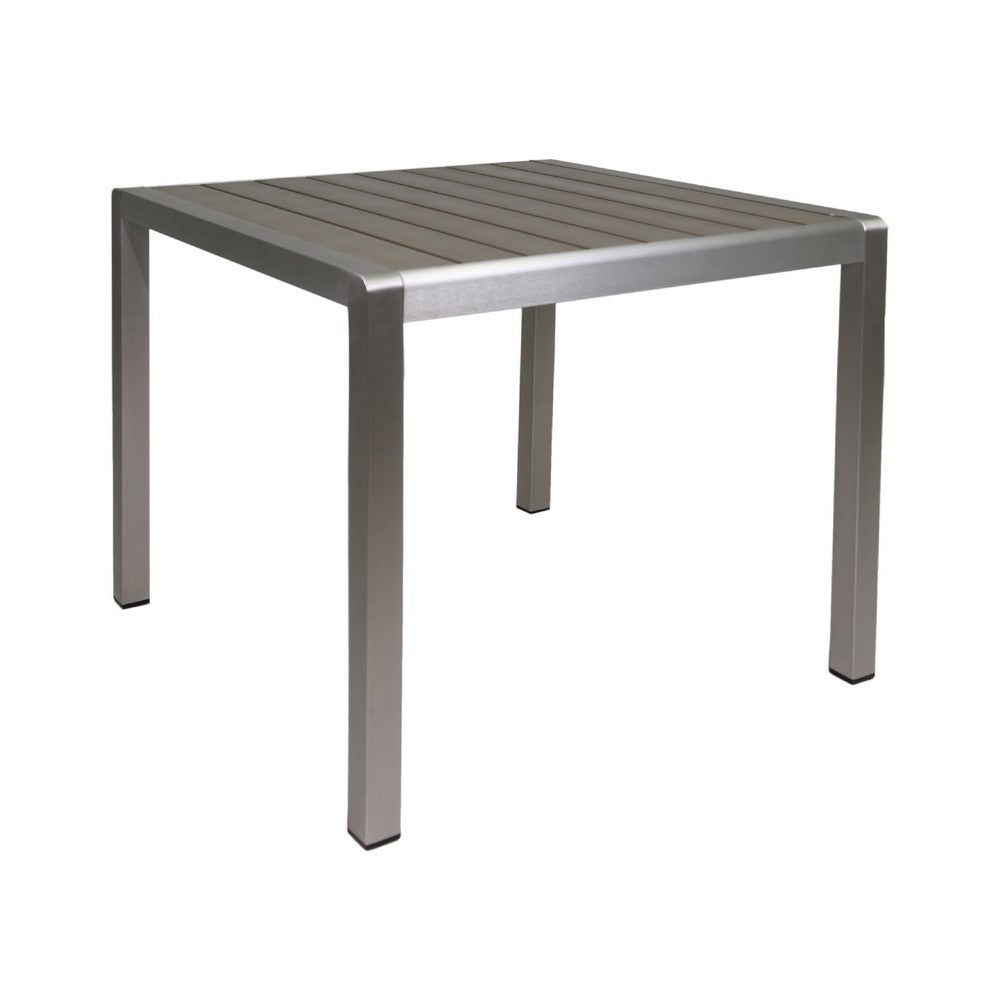 Outdoor Dining Table, Slatted Square Faux Wood Top, Silver Aluminum 35 Inch - BM349838