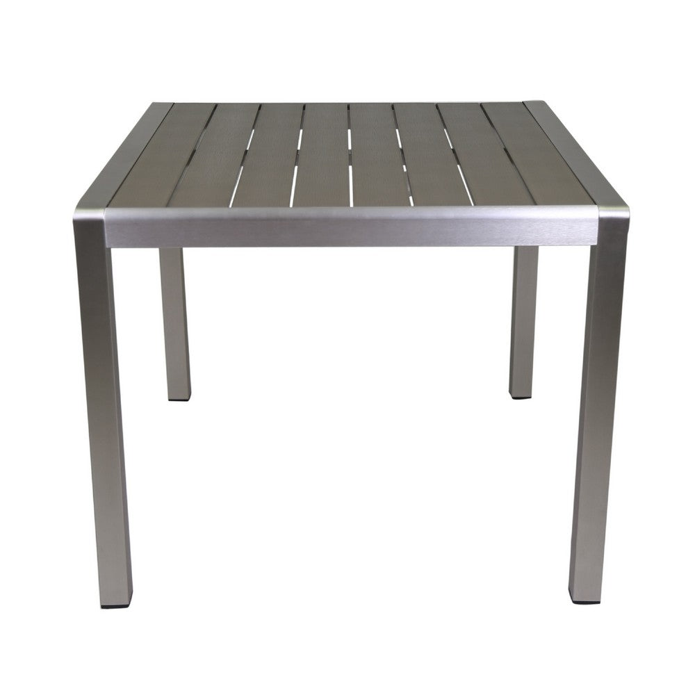 Outdoor Dining Table, Slatted Square Faux Wood Top, Silver Aluminum 35 Inch - BM349838