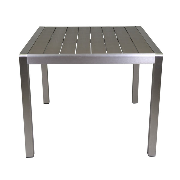 Outdoor Dining Table, Slatted Square Faux Wood Top, Silver Aluminum 35 Inch - BM349838