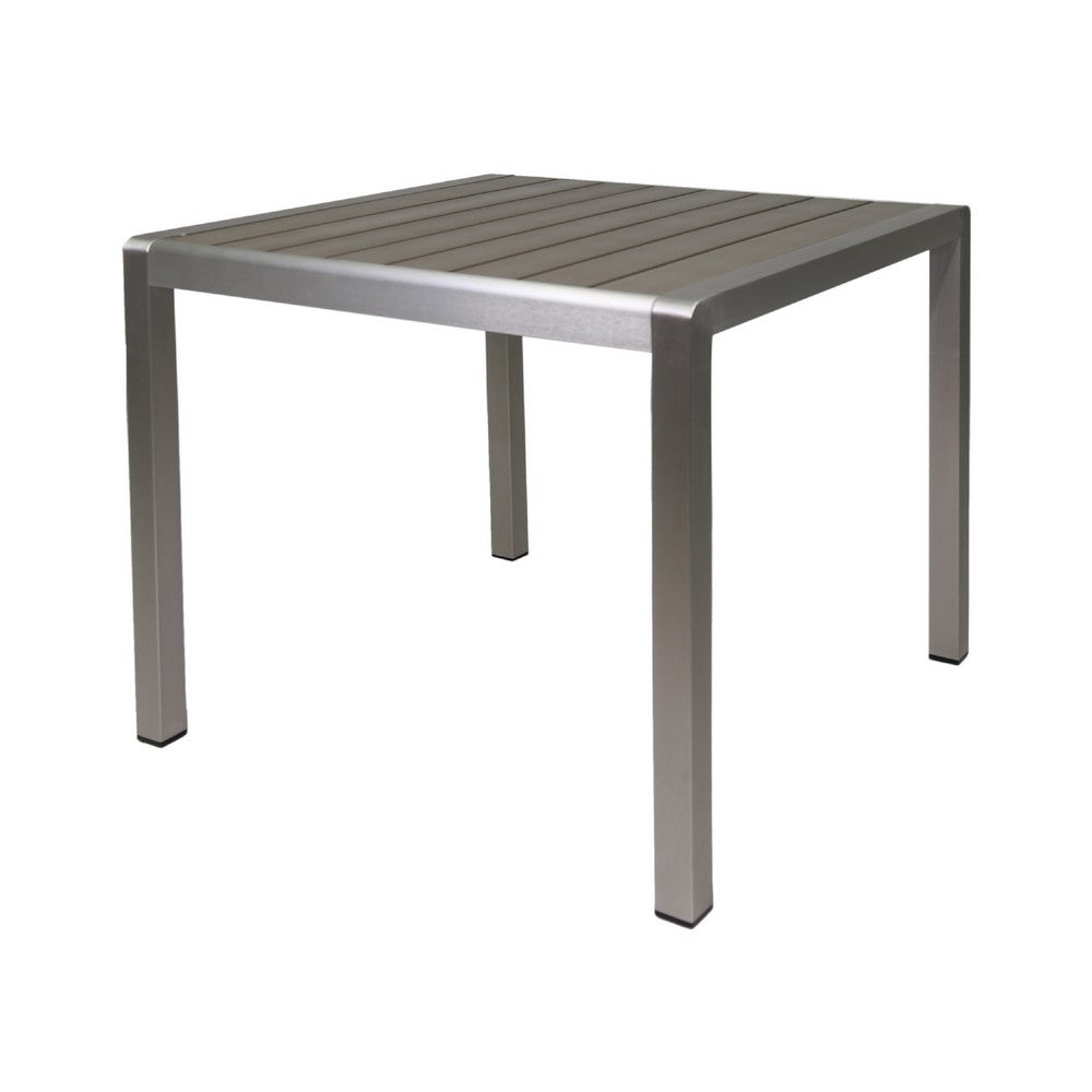 Outdoor Dining Table, Slatted Square Faux Wood Top, Silver Aluminum 35 Inch - BM349838