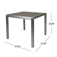 Outdoor Dining Table, Slatted Square Faux Wood Top, Silver Aluminum 35 Inch - BM349838