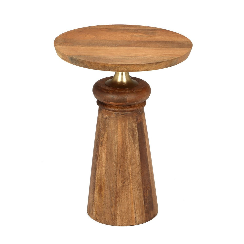 Side End Table, 17 Inch Round Top, Pedestal with Gold Accent, Brown - BM349840
