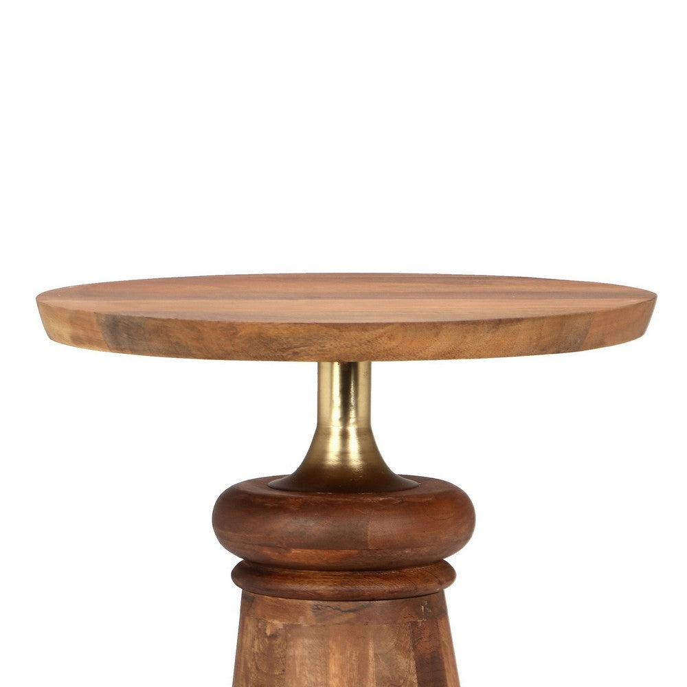 Side End Table, 17 Inch Round Top, Pedestal with Gold Accent, Brown - BM349840