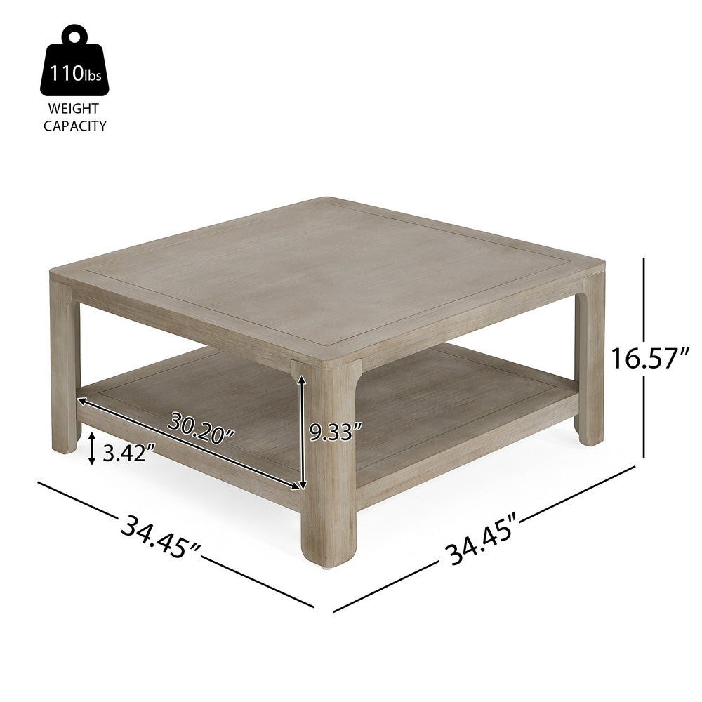 Coffee Table w Shelf, 34 Inch Square, Light Gray Ash Wood, Modern Style - BM349841