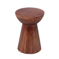 Kora Side End Table, 15 Inch Round Drum Shape Ribbed Cone Pedestal, Brown - BM349843