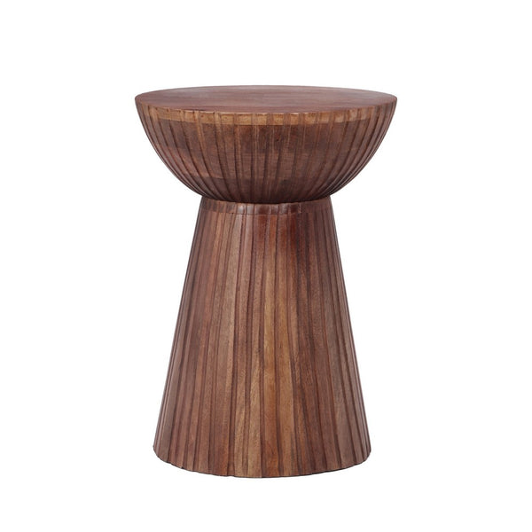 Kora Side End Table, 15 Inch Round Drum Shape Ribbed Cone Pedestal, Brown - BM349843