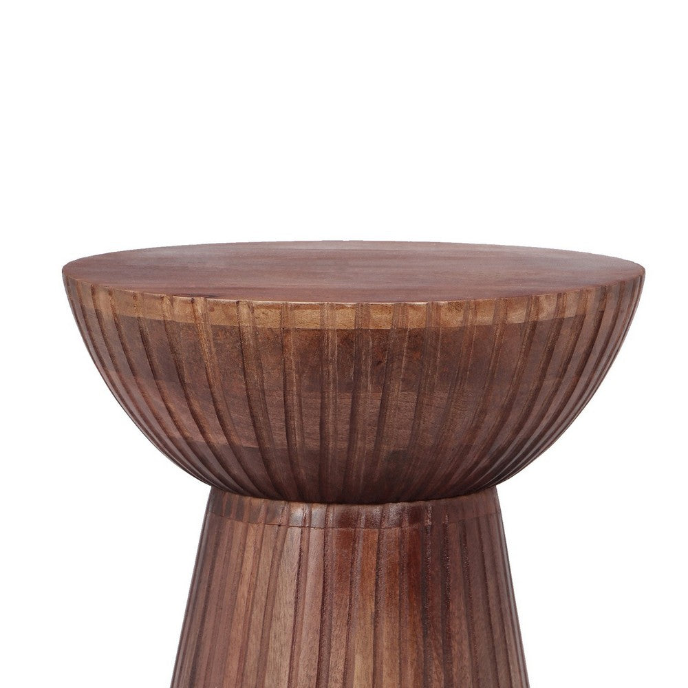 Kora Side End Table, 15 Inch Round Drum Shape Ribbed Cone Pedestal, Brown - BM349843