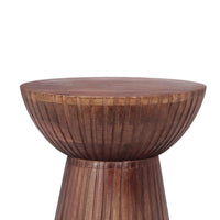 Kora Side End Table, 15 Inch Round Drum Shape Ribbed Cone Pedestal, Brown - BM349843