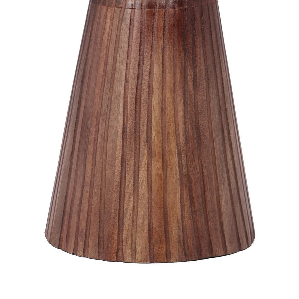Kora Side End Table, 15 Inch Round Drum Shape Ribbed Cone Pedestal, Brown - BM349843