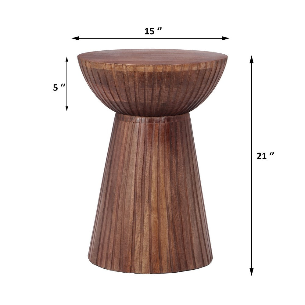 Kora Side End Table, 15 Inch Round Drum Shape Ribbed Cone Pedestal, Brown - BM349843