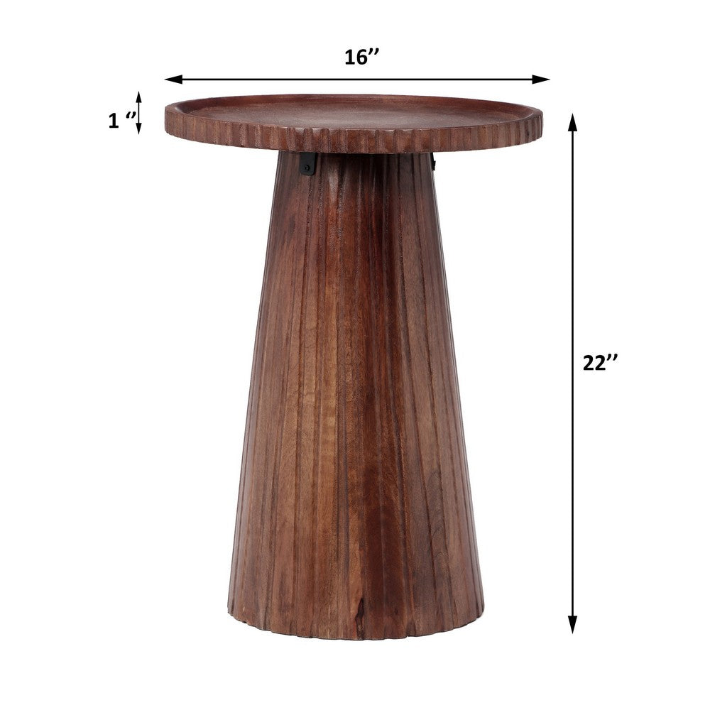Kora Side End Table, 16 Inch Round Top, Ribbed Cone Pedestal, Brown - BM349844