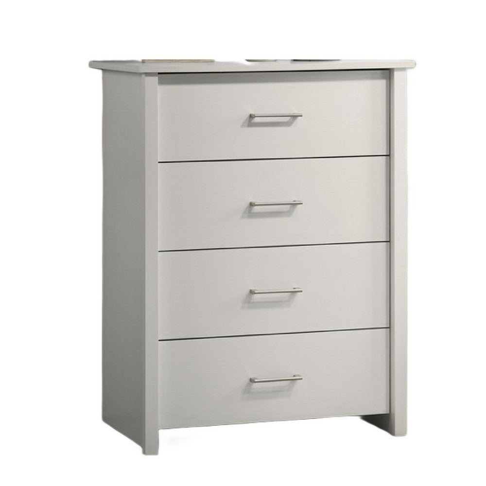 Kele Tall Dresser Chest, 4 Drawers with Silver Handles, White Faux Laminate - BM349940