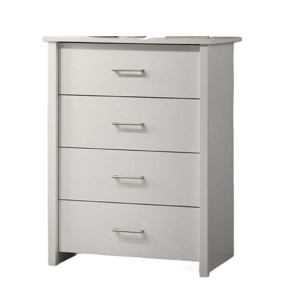 Kele Tall Dresser Chest, 4 Drawers with Silver Handles, White Faux Laminate - BM349940
