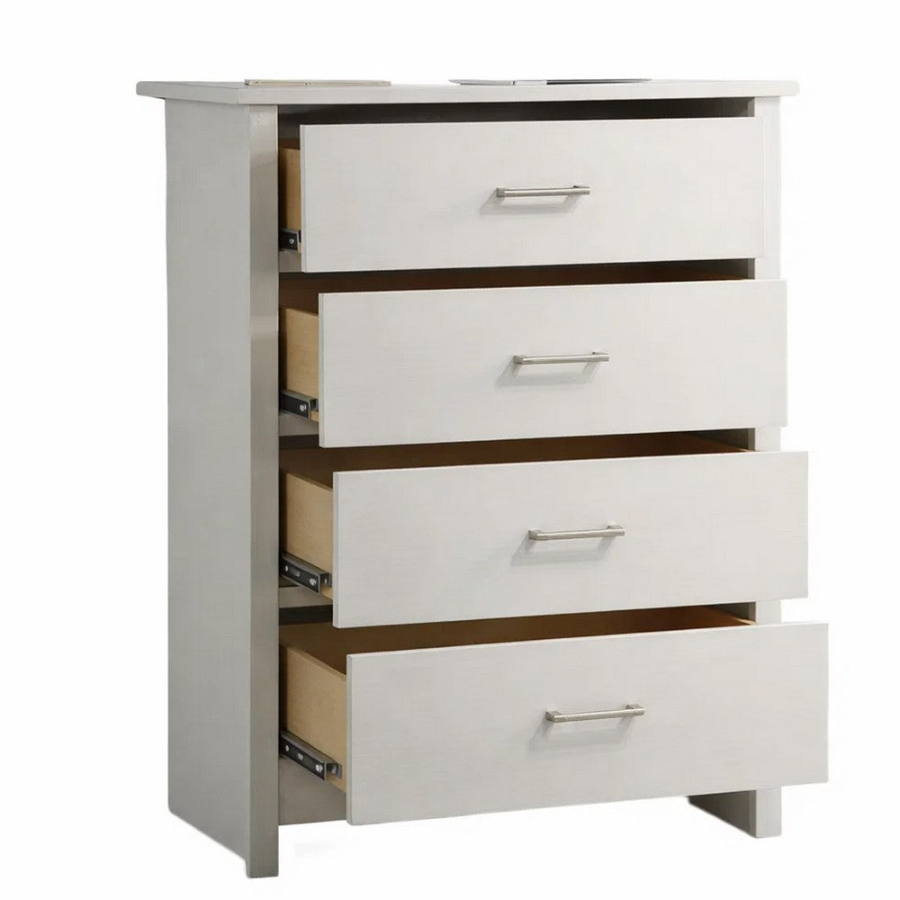 Kele Tall Dresser Chest, 4 Drawers with Silver Handles, White Faux Laminate - BM349940
