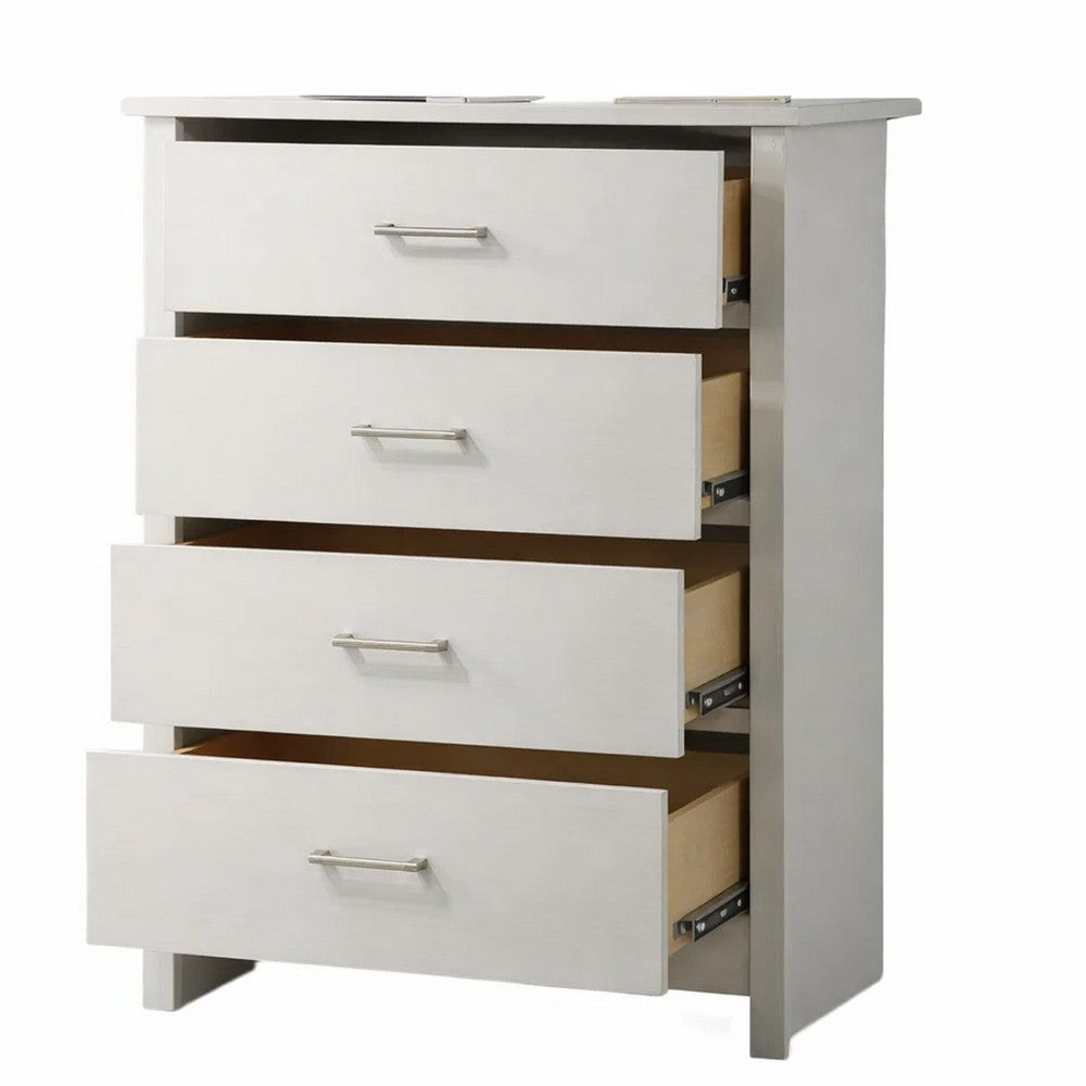 Kele Tall Dresser Chest, 4 Drawers with Silver Handles, White Faux Laminate - BM349940