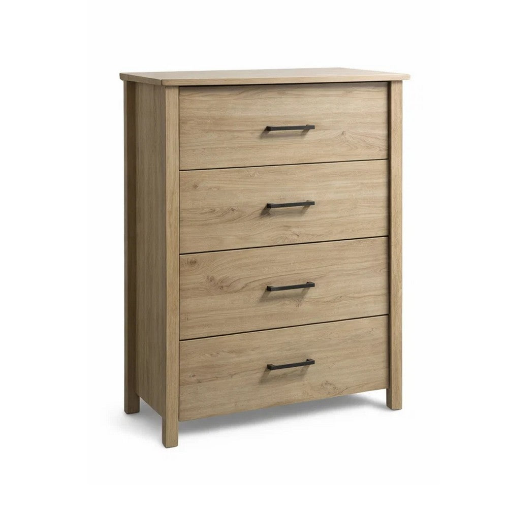 Kele Tall 4 Drawer Dresser Chest, Black Handles, Light Oak Brown Wood - BM349941