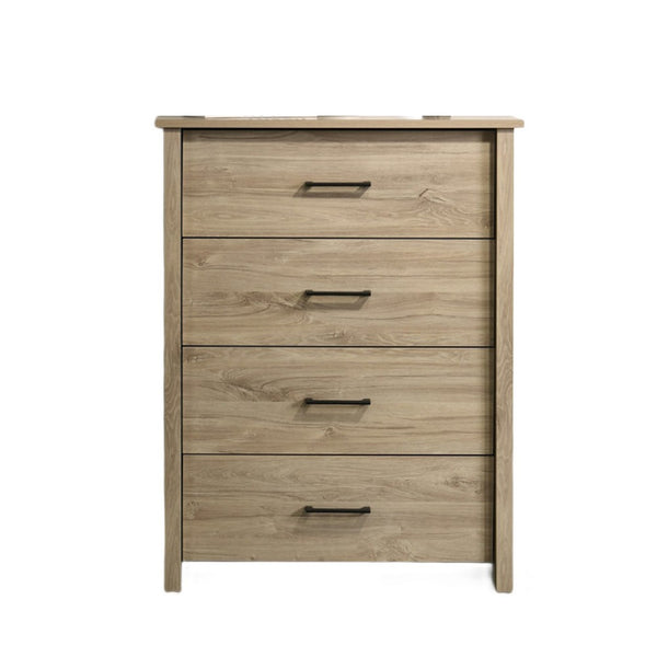 Kele Tall 4 Drawer Dresser Chest, Black Handles, Light Oak Brown Wood - BM349941