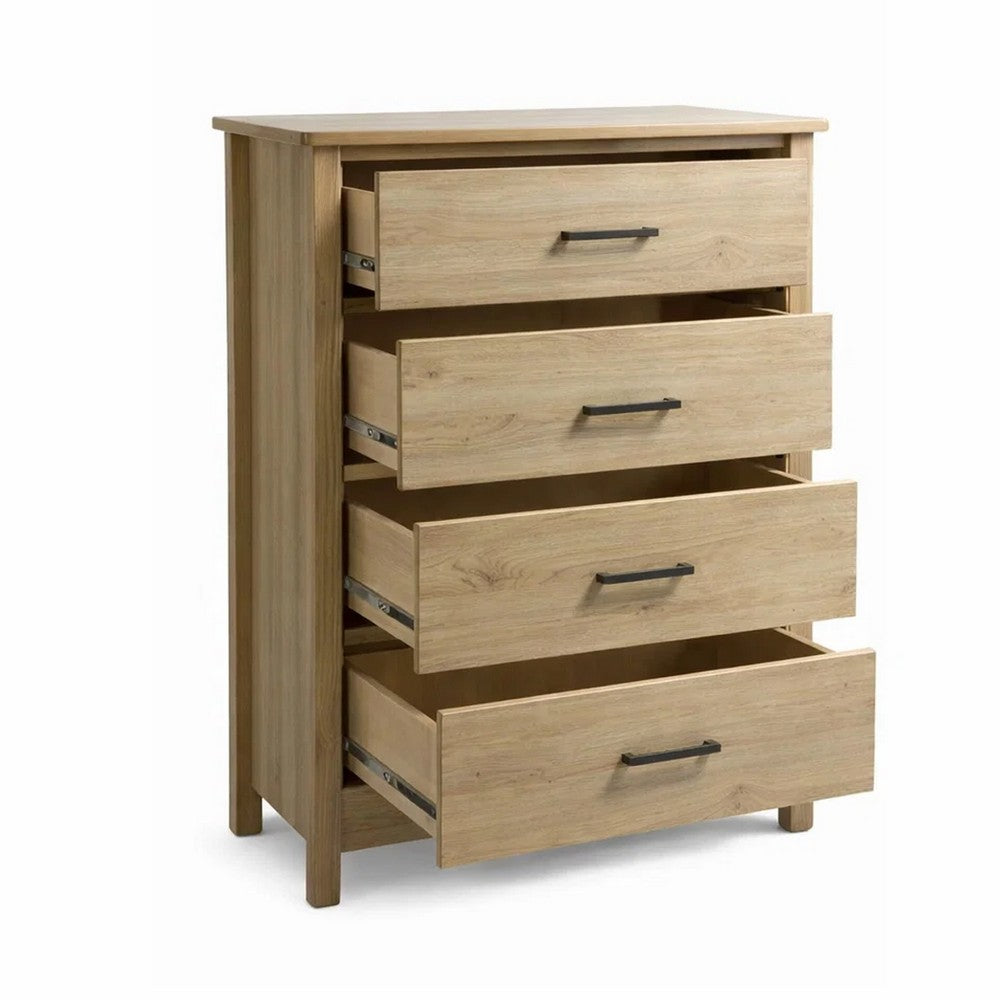 Kele Tall 4 Drawer Dresser Chest, Black Handles, Light Oak Brown Wood - BM349941