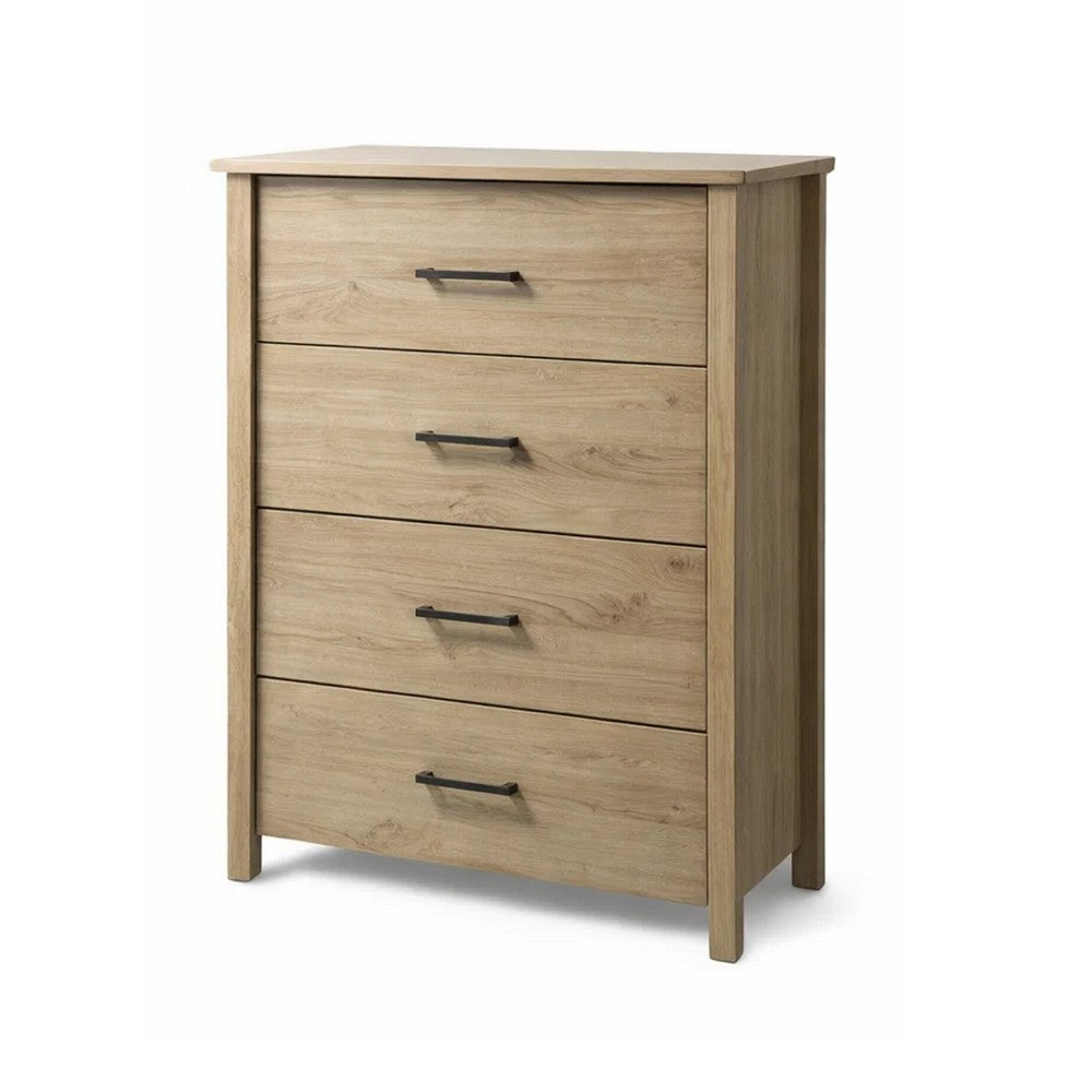 Kele Tall 4 Drawer Dresser Chest, Black Handles, Light Oak Brown Wood - BM349941