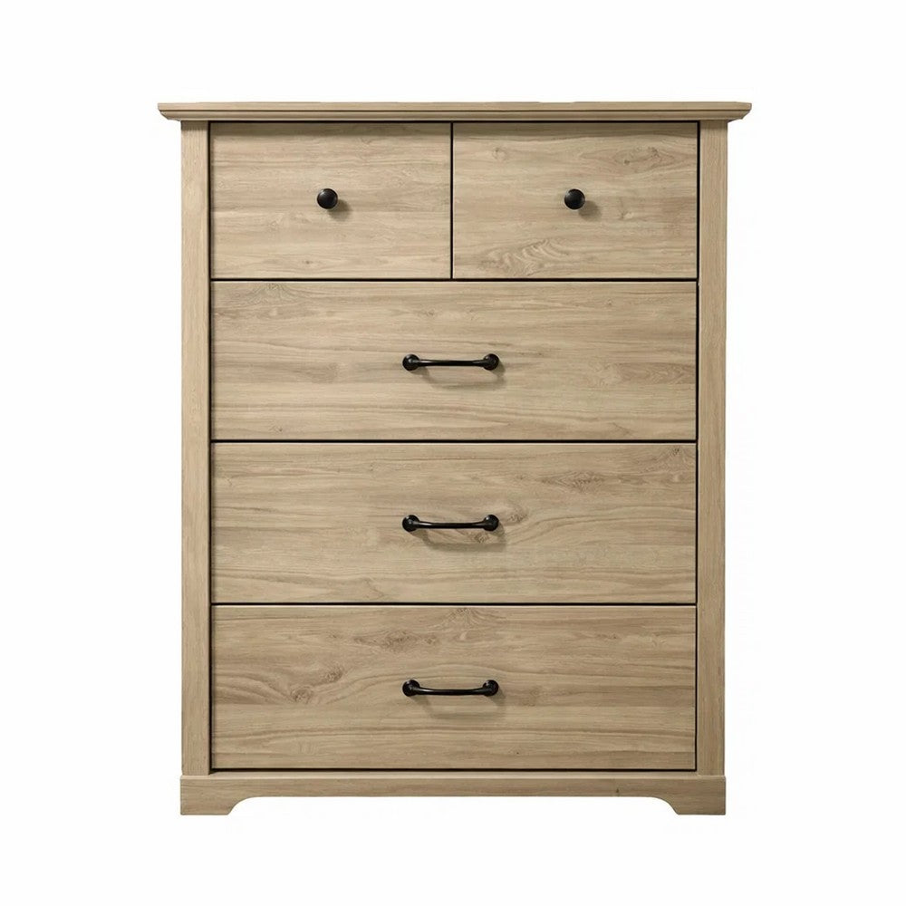 Lara Tall Dresser Chest, 4 Drawers, Black Handles, Light Oak Brown Wood - BM349943