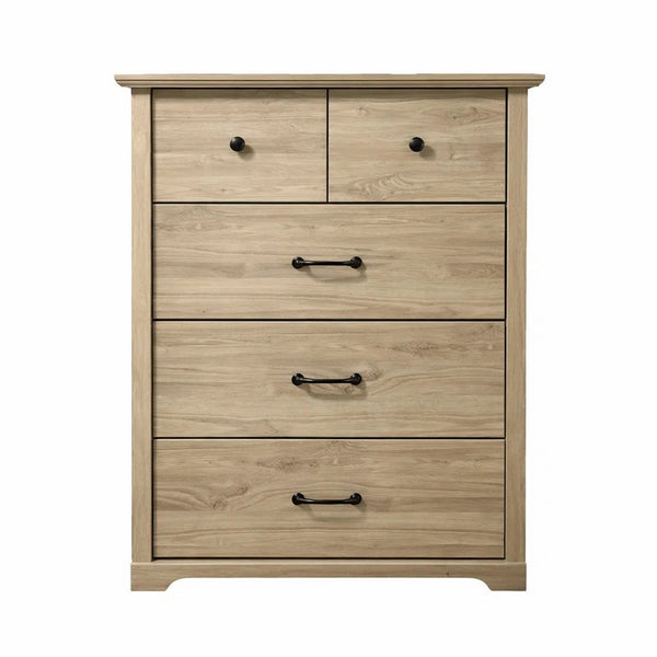Lara Tall Dresser Chest, 4 Drawers, Black Handles, Light Oak Brown Wood - BM349943