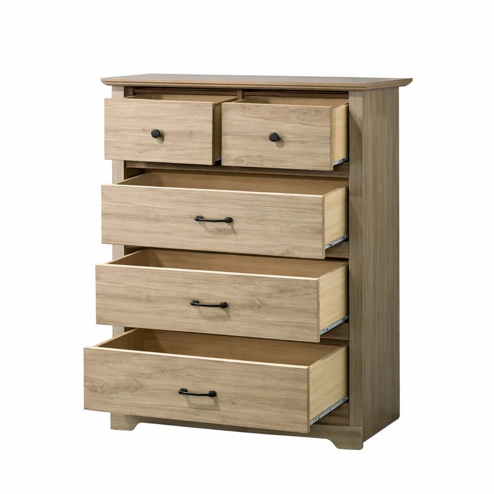 Lara Tall Dresser Chest, 4 Drawers, Black Handles, Light Oak Brown Wood - BM349943