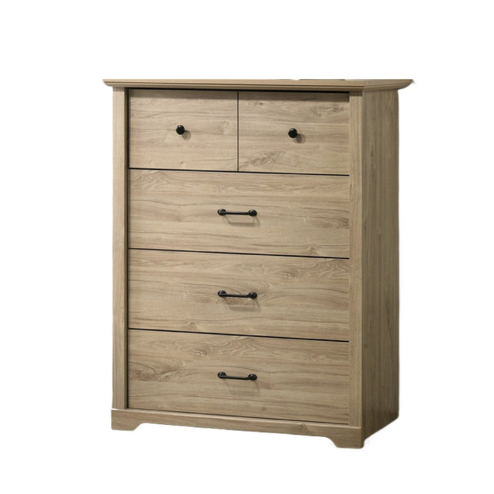 Lara Tall Dresser Chest, 4 Drawers, Black Handles, Light Oak Brown Wood - BM349943