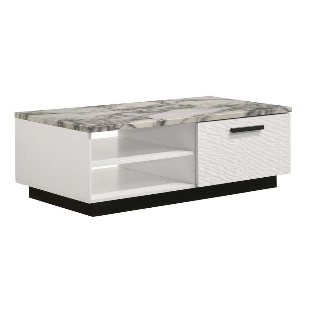 Sda Coffee Table, 47 Inch Faux Marble Top, Drawer and 2 Shelves, White - BM349946