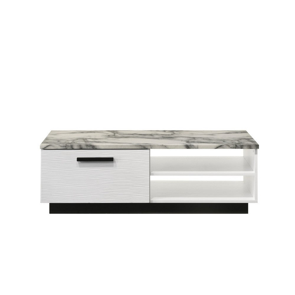 Sda Coffee Table, 47 Inch Faux Marble Top, Drawer and 2 Shelves, White - BM349946