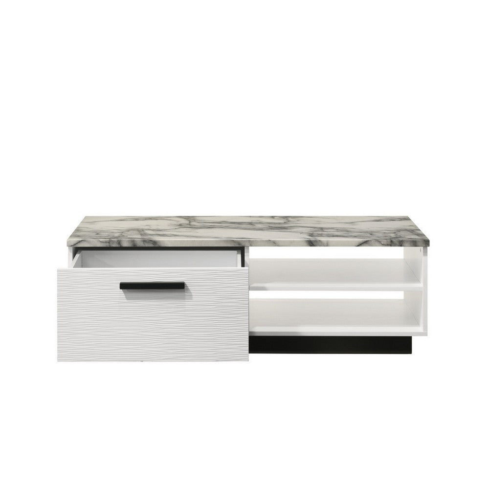 Sda Coffee Table, 47 Inch Faux Marble Top, Drawer and 2 Shelves, White - BM349946