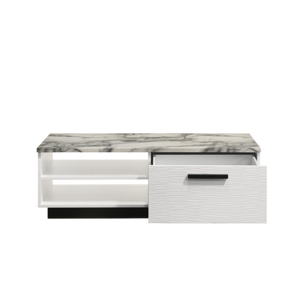 Sda Coffee Table, 47 Inch Faux Marble Top, Drawer and 2 Shelves, White - BM349946