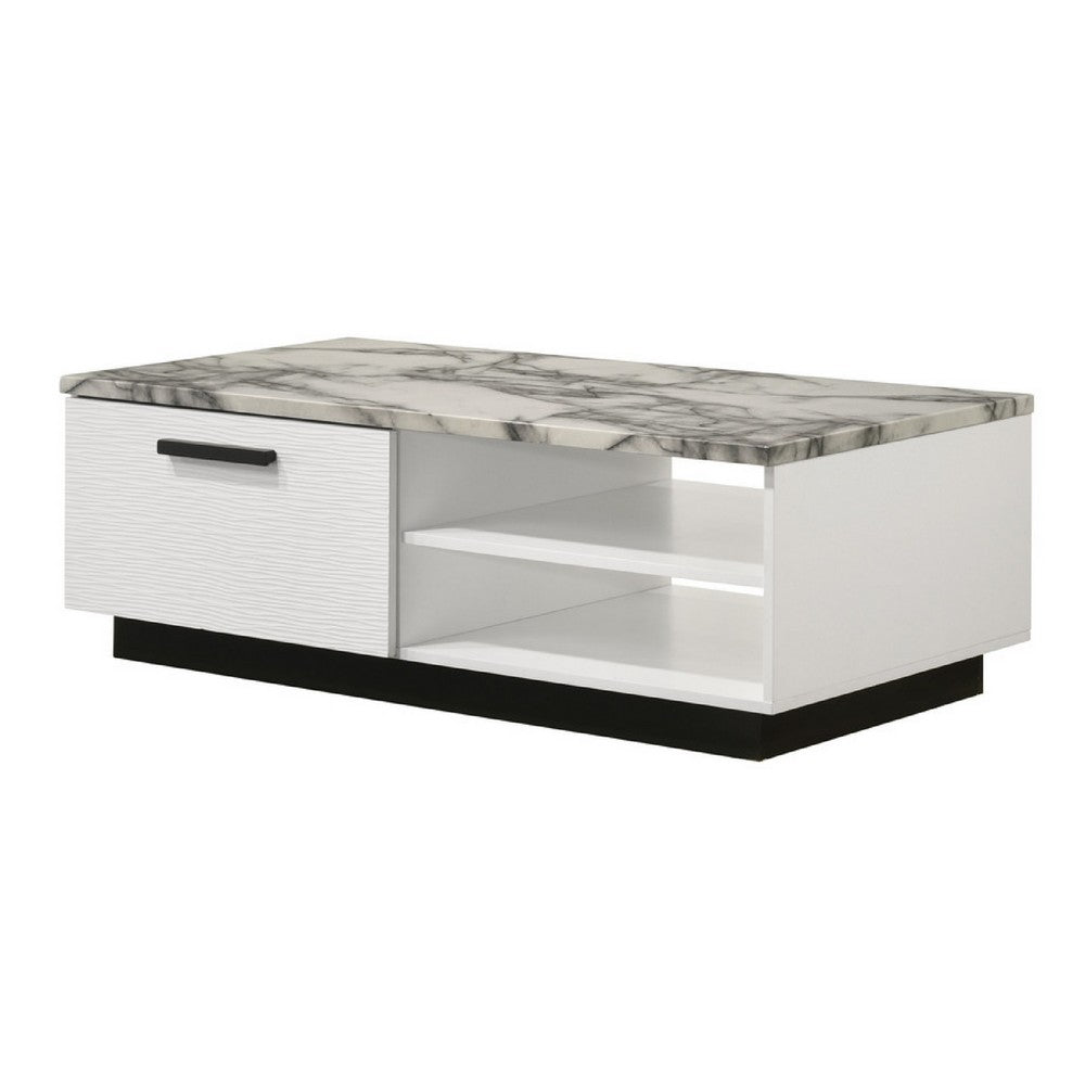 Sda Coffee Table, 47 Inch Faux Marble Top, Drawer and 2 Shelves, White - BM349946