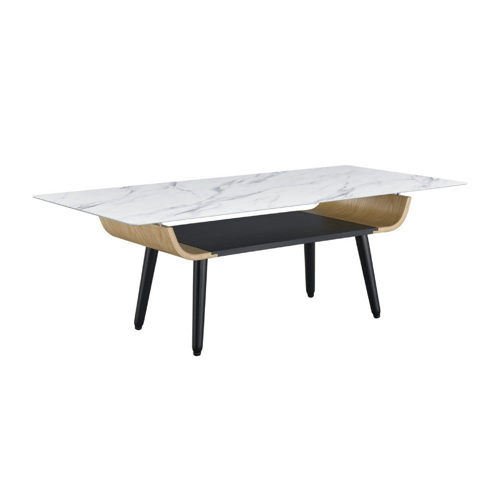 Nue Coffee Table, 47 Inch 3D Printed Glass Marble, Curved Shelf, White - BM349948