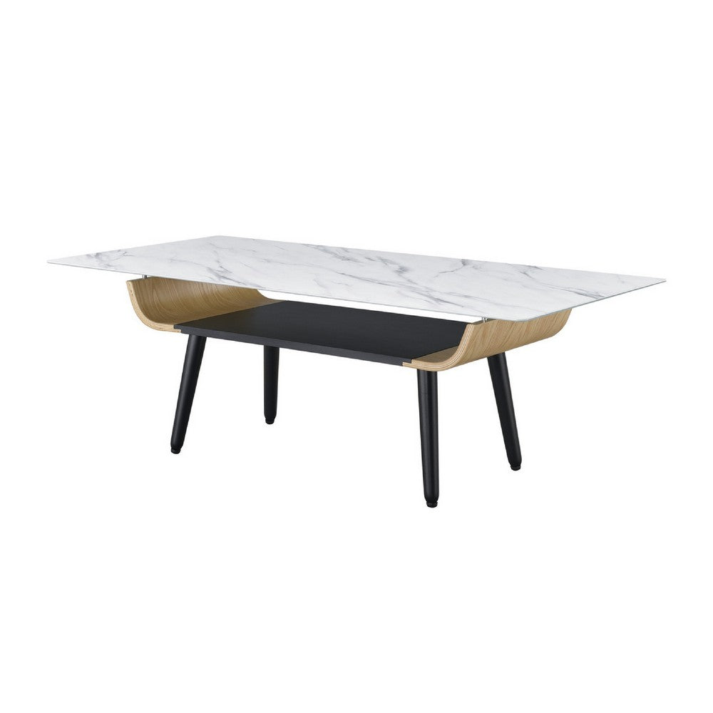 Nue Coffee Table, 47 Inch 3D Printed Glass Marble, Curved Shelf, White - BM349948