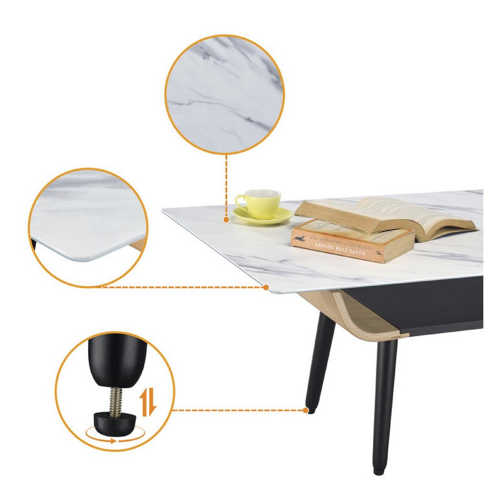 Nue Coffee Table, 47 Inch 3D Printed Glass Marble, Curved Shelf, White - BM349948