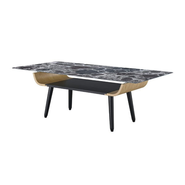 Nue Coffee Table, 47 Inch 3D Printed Glass Marble, Curved Shelf, Black - BM349949