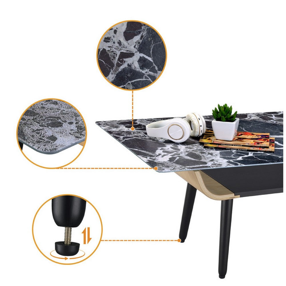 Nue Coffee Table, 47 Inch 3D Printed Glass Marble, Curved Shelf, Black - BM349949