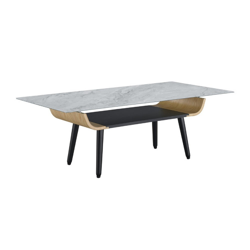 Nue Coffee Table, 47 Inch 3D Printed Glass Marble, Curved Shelf, Gray - BM349950