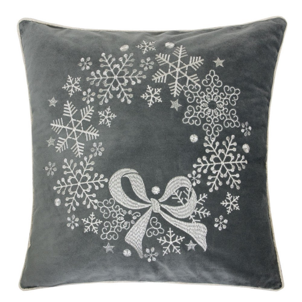 Rola Square Throw Pillow, Snowflake Wreath Embroidery, Gray Velvet 20 Inch - BM349961