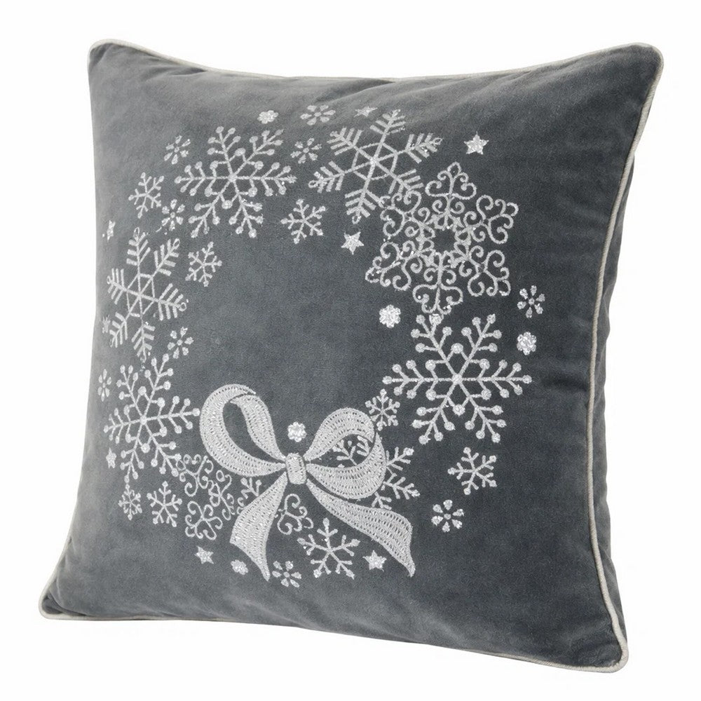 Rola Square Throw Pillow, Snowflake Wreath Embroidery, Gray Velvet 20 Inch - BM349961