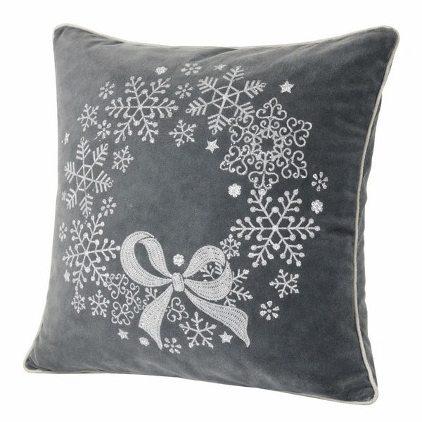Rola Square Throw Pillow, Snowflake Wreath Embroidery, Gray Velvet 20 Inch - BM349961