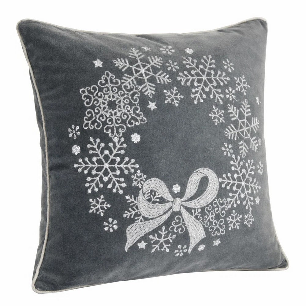 Rola Square Throw Pillow, Snowflake Wreath Embroidery, Gray Velvet 20 Inch - BM349961