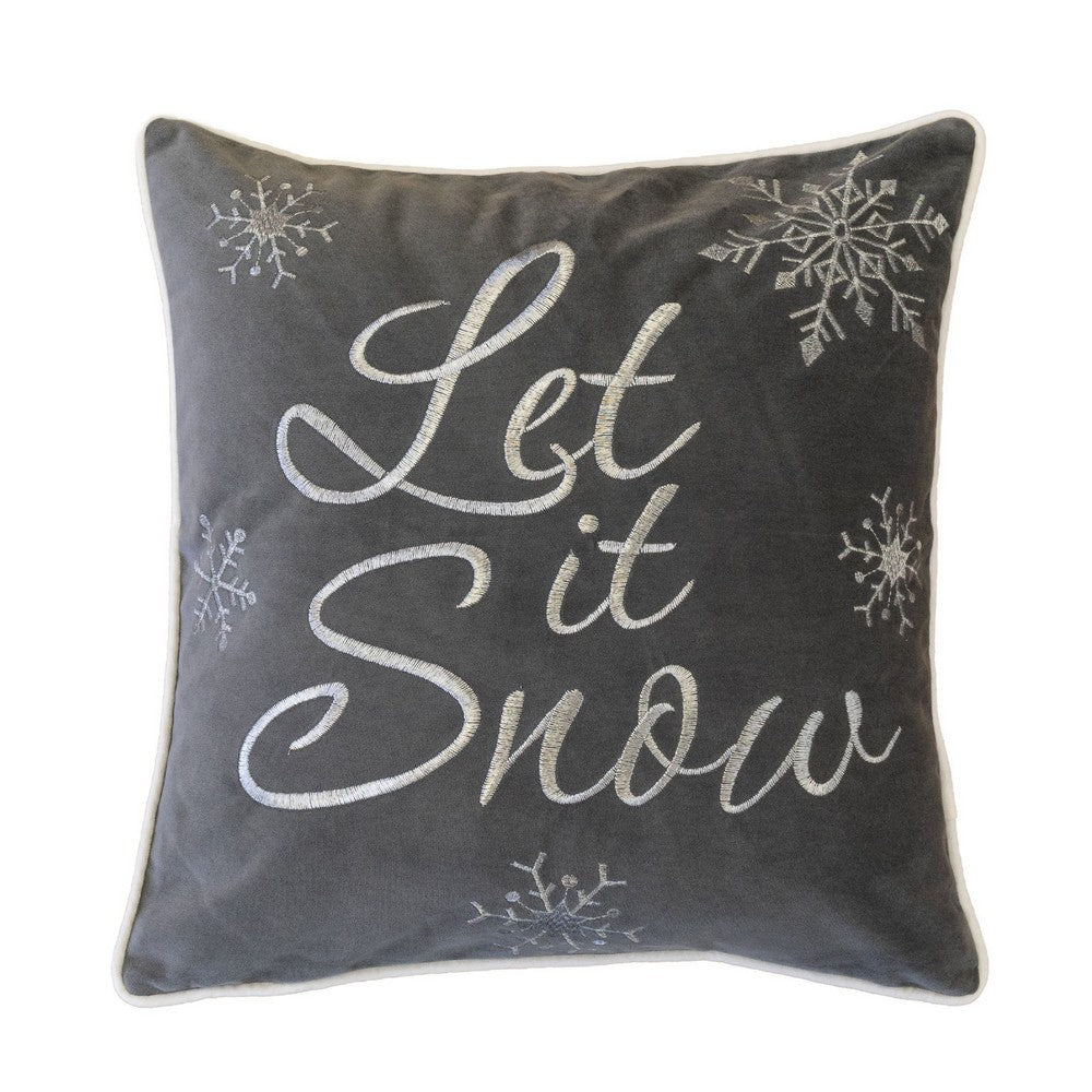 Rola Square Throw Pillow, Let It Snow Embroidery, Gray Cotton 20 Inch - BM349962