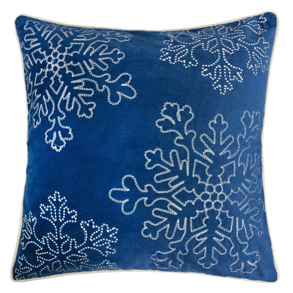 Rola Square Throw Pillow, Silver Snowflake Embroidery, Blue Velvet 20 Inch - BM349964