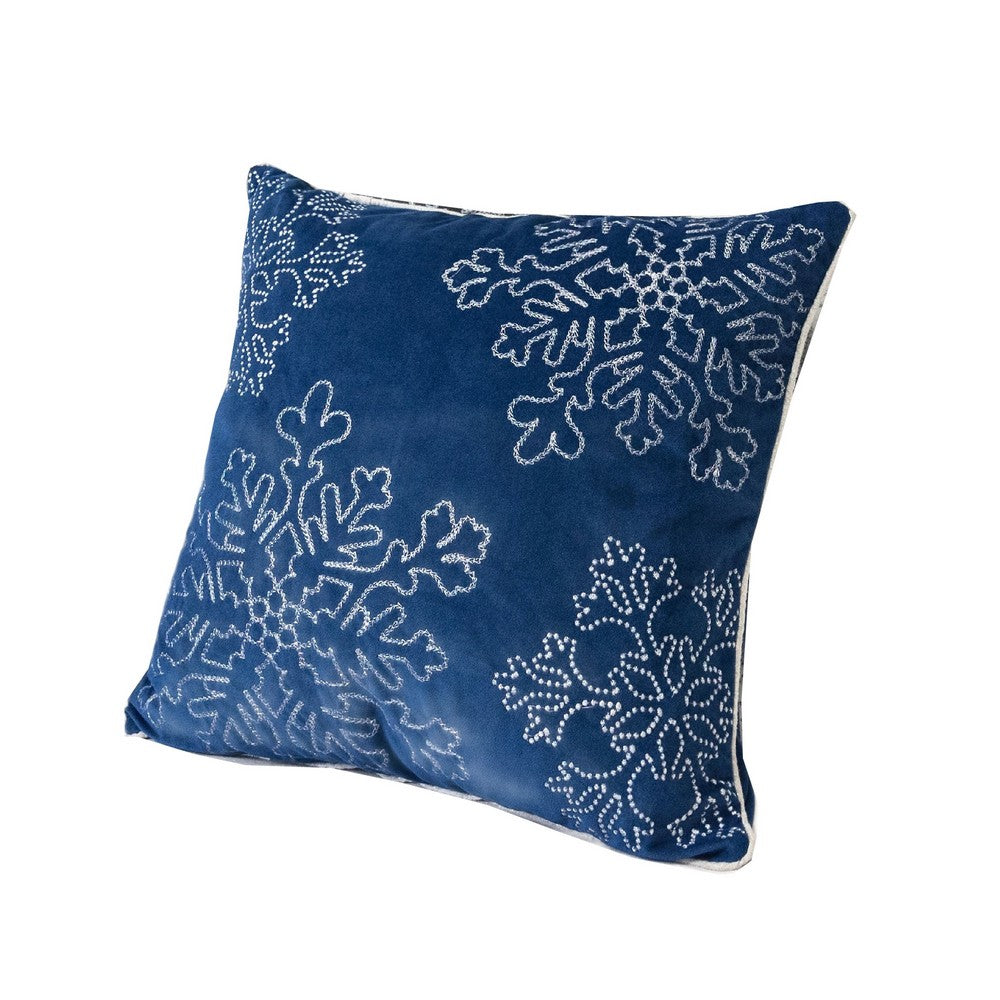 Rola Square Throw Pillow, Silver Snowflake Embroidery, Blue Velvet 20 Inch - BM349964